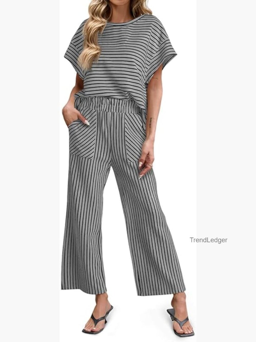 Womens Striped 2 Piece Lounge Set Short Sleeve Wide Leg Pants with Pockets